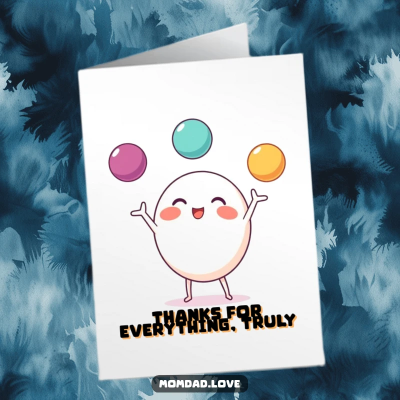 Funny Free Printable Thank You Card: A round character with small limbs excitedly juggles three bright balls, a gesture of joyful gratitude.