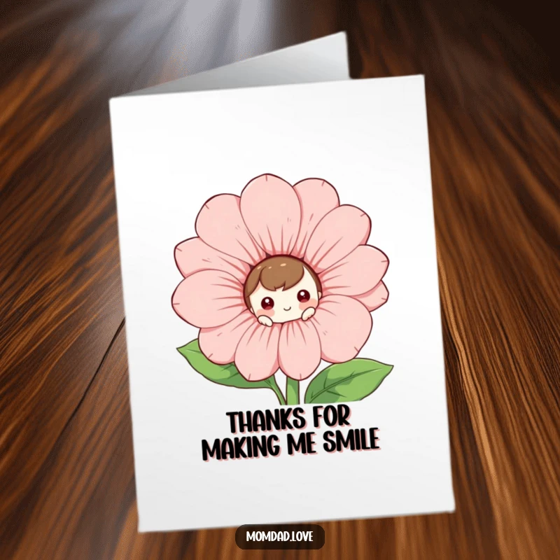 Funny Free Printable Thank You Card: A curious character peeks from behind a large, smiling flower, offering thanks.