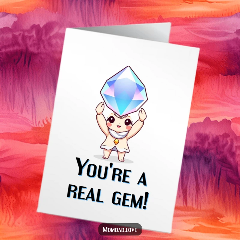 Funny Free Printable Thank You Card: Adorable character proudly displays a huge, sparkling gem as a token of thanks.
