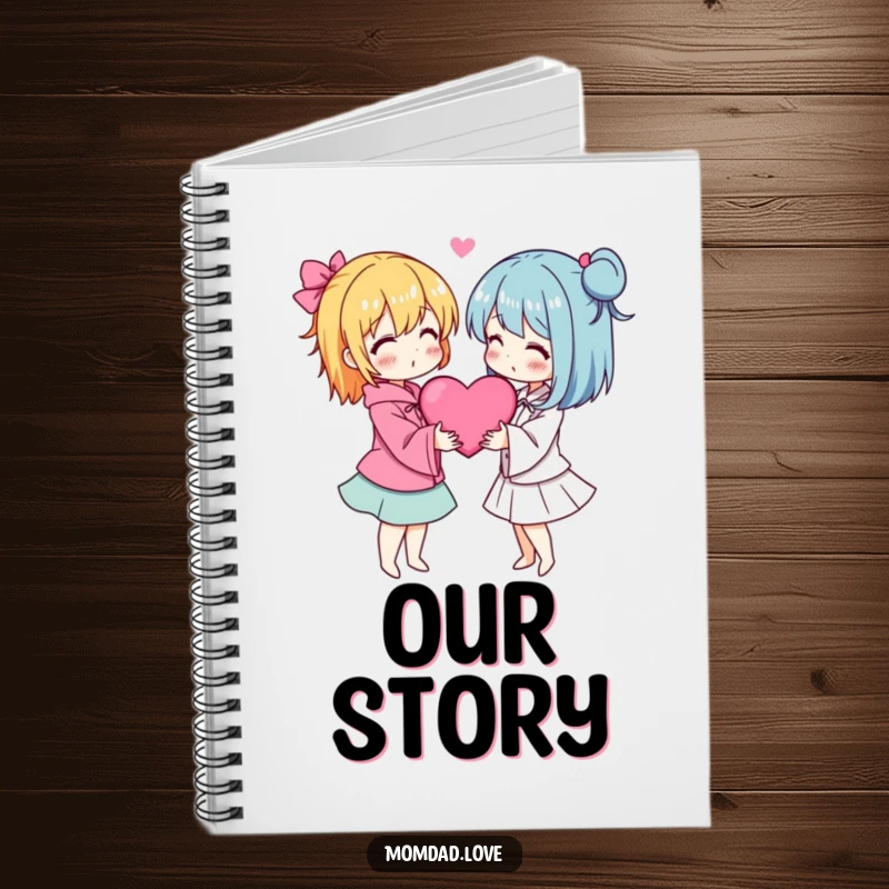 Funny anime couple notebook with two characters embracing with hearts, perfect for journaling love.