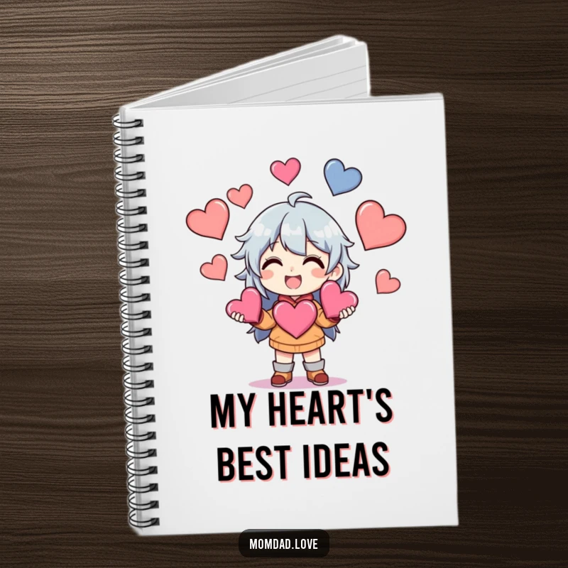 Funny Notebook with an anime character grinning, juggling hearts, ready to hold your most loving and funny notes.