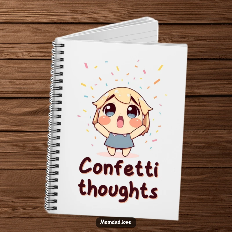 Funny notebook with a surprised character under falling confetti, perfect for jotting notes. Gift idea.