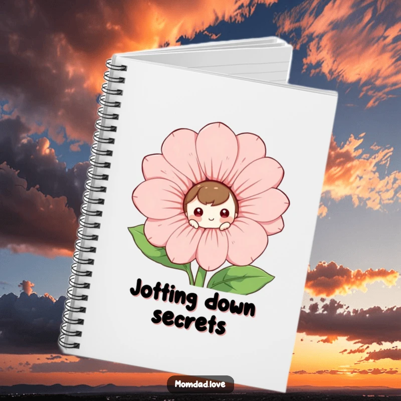 Funny Notebook: A curious character peeks from behind a large, smiling flower, prompting creative writing.