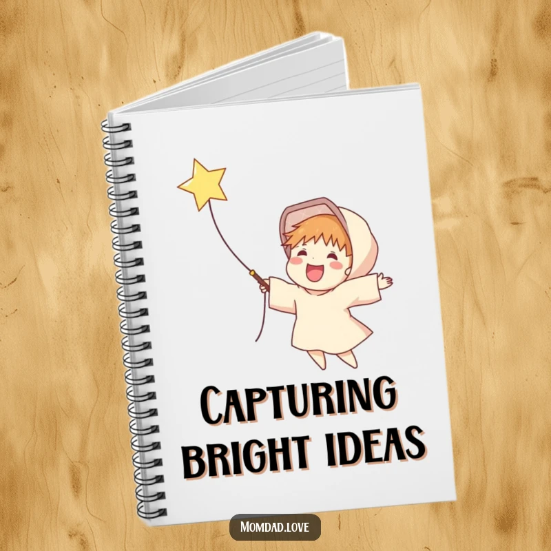 Funny notebook cover featuring a delighted figure catching a twinkling falling star in an outstretched net, inspiring magical thoughts.