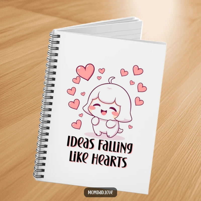 Funny kawaii character giggling with hearts falling, a cute and humorous notebook for creative writing.