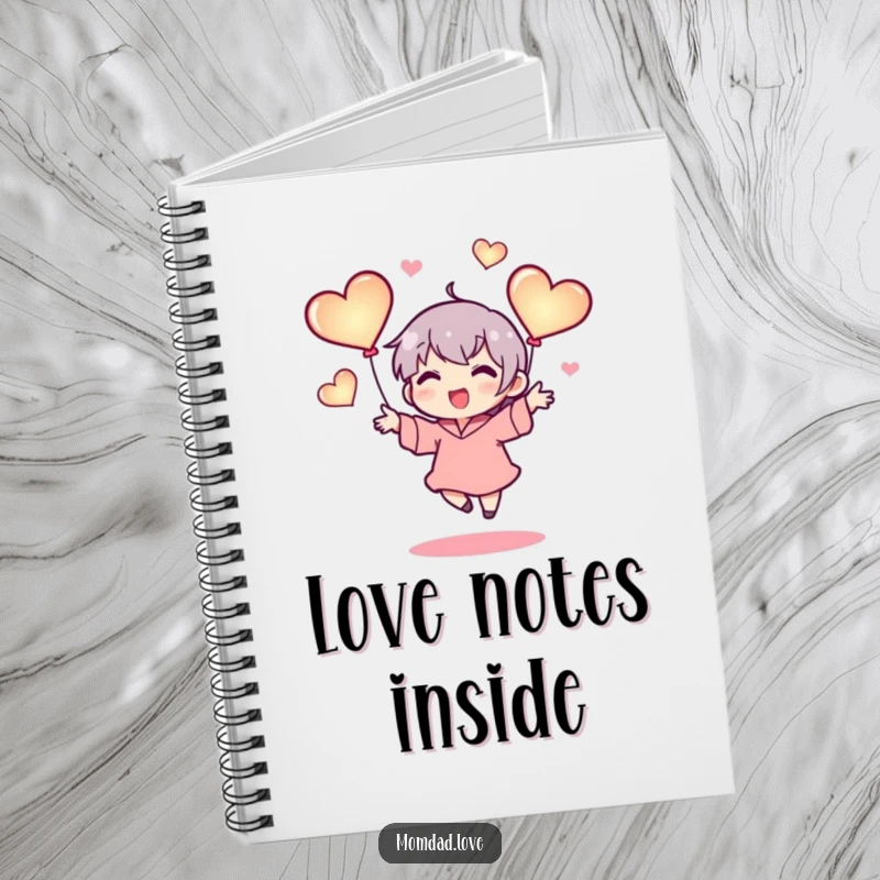Funny notebook featuring a tiny character happily juggling three glowing hearts, ideal for journaling with love and a cheerful, positive vibe.