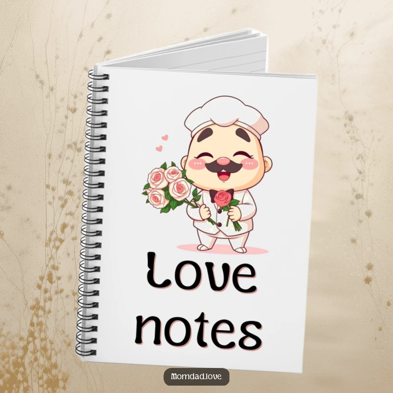 Funny anime papa notebook with a winking dad character holding a bouquet, perfect for journaling humor.
