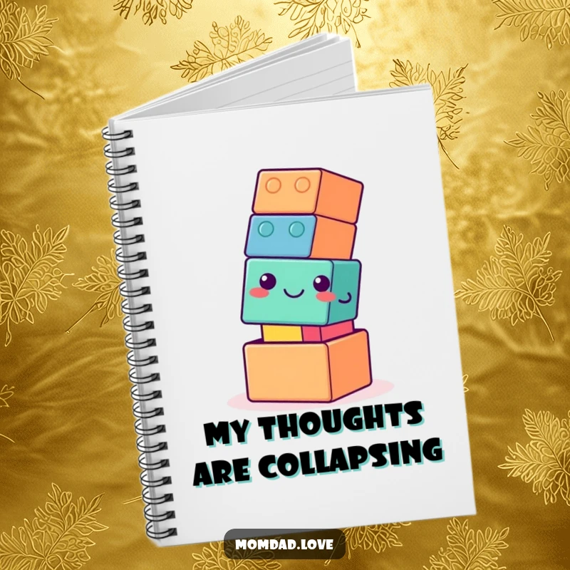 Funny notebook featuring a wobbly building block tower with a gentle smile, designed for capturing notes with a touch of endearing humor.