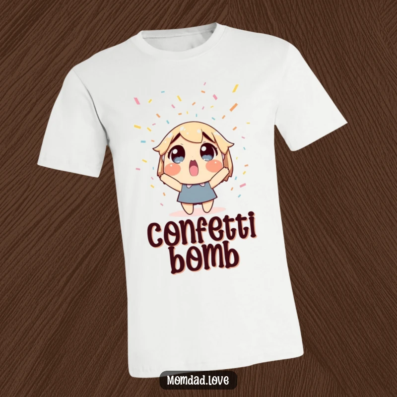 Funny t-shirt with a surprised character looking up at happily falling confetti. A festive and humorous design.