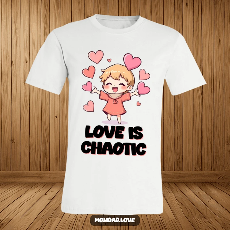 Funny T-Shirt: Joyful character humorously juggling multiple misfitting hearts, great funny gift for expressive personalities.