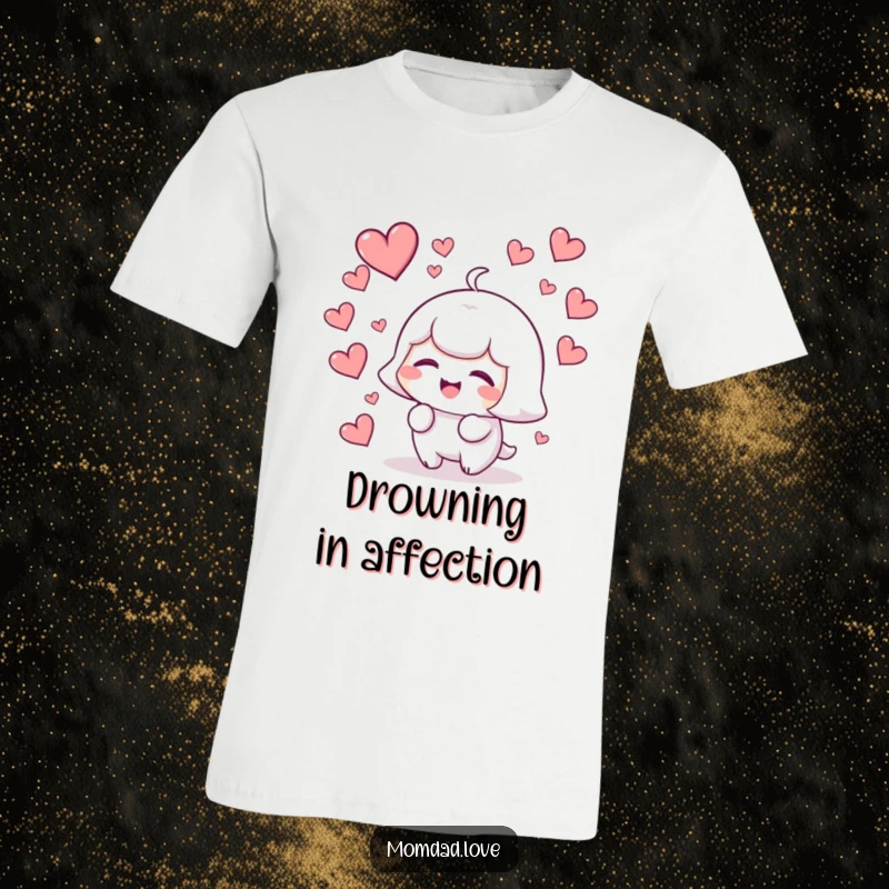 Funny kawaii character giggling with delight as many hearts fall around it, a cute and humorous t-shirt.