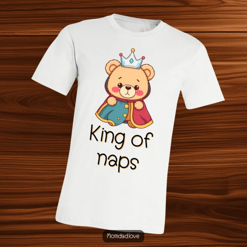 Funny t-shirt of a bewildered teddy bear stuck wearing a tiny crown and royal robe, a comical depiction of unexpected power.