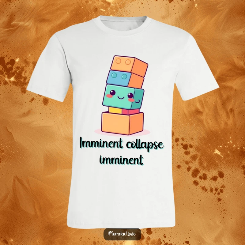 Funny wobbly building block tower t-shirt, smiling gently as it tips, a humorous statement piece for a funny gift.