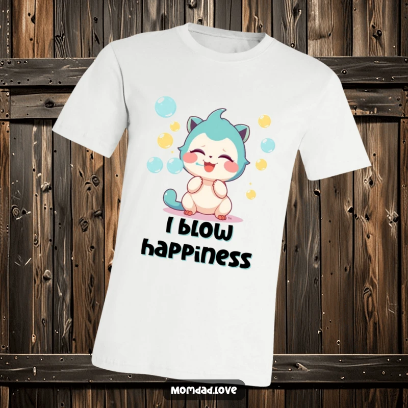 Funny T-shirt showcasing a cute, happy creature with a wide grin, blowing a cascade of colorful, iridescent bubbles with delight.
