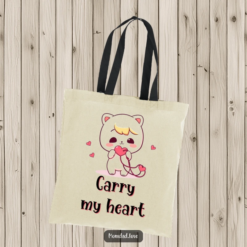 Funny Tote Bag: Depicts a kawaii character humorously holding a tangled heart string, perfect for carrying love-related items.