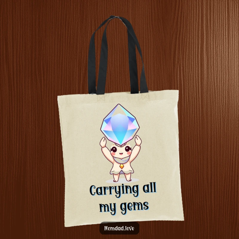 Funny Tote Bag: A charming character joyfully displays a spectacularly large, glittering gem, ready to be carried.