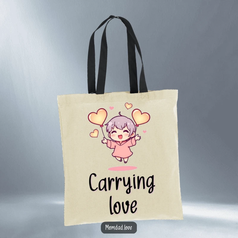 Funny tote bag with a tiny character happily juggling three glowing hearts, combining practicality with a theme of love and joyful expression, perfect gift.