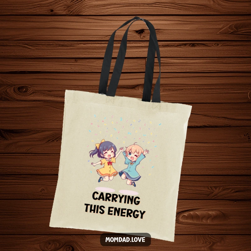 Funny Tote Bag: Two anime characters energetically dancing amidst a confetti shower, capturing a vibrant and celebratory moment.