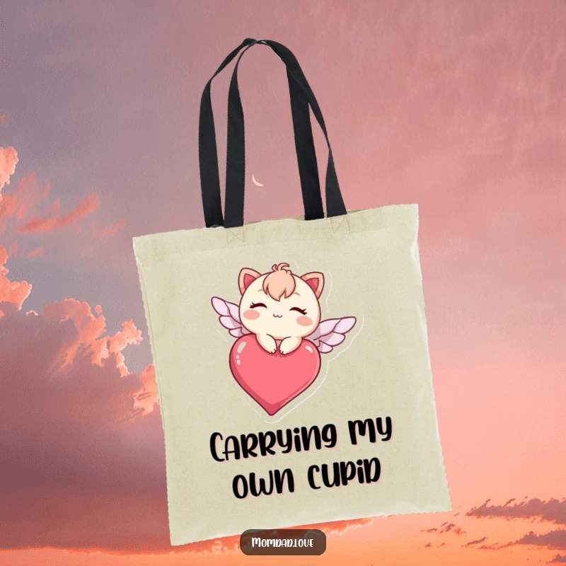 Funny kawaii character winking while flying on a heart, a charming and humorous tote bag for everyday use and gifting.