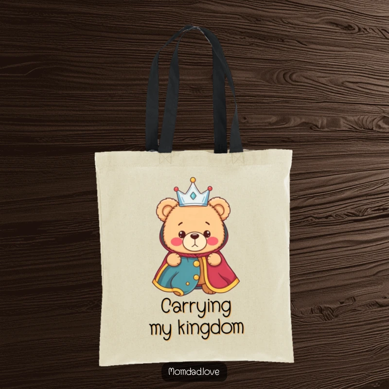 Funny tote bag with a bewildered teddy bear wearing a crown and robe, a humorous accessory for carrying essentials with royal confusion.