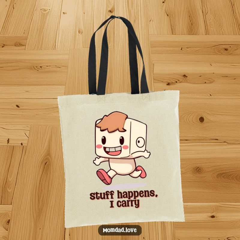 Funny Tote Bag showing a small, blocky character with a huge grin, comically tripping while running.