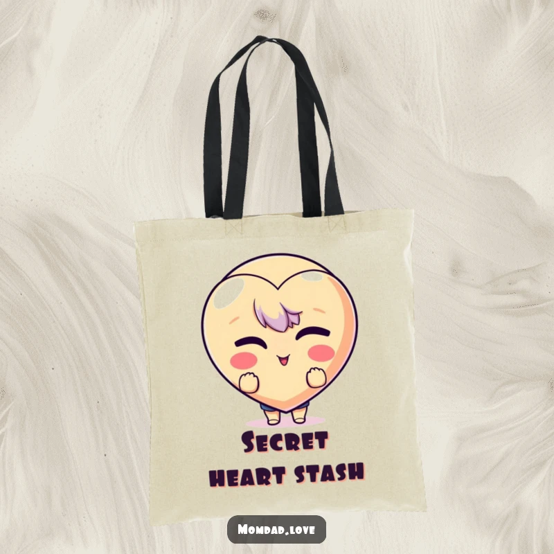 Funny Tote Bag: Character peeking from behind a winking heart emoji, perfect for carrying essentials with humor.